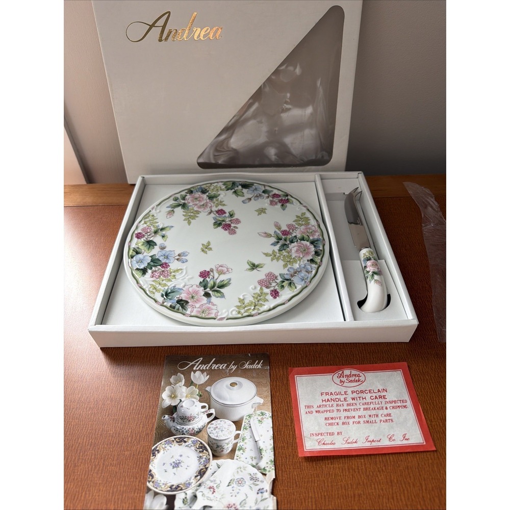 Andrea by Sadek 10" Cheese Plate Set With Knife Flower & Berries NIB Floral Pink